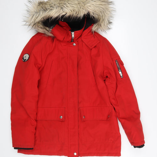 New Look Women's Red Faux Fur Hooded Parka Coat Size 12