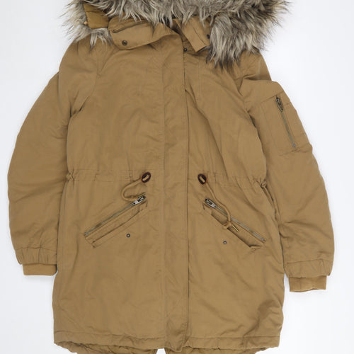 H&M Divided Women Brown Faux Fur Hooded Parka Coat Size 14