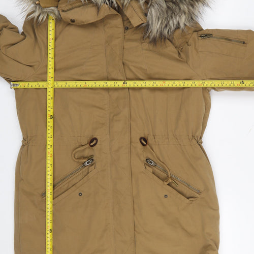 H&M Divided Women Brown Faux Fur Hooded Parka Coat Size 14