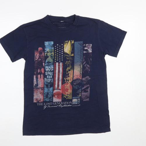 River Island Men's Navy Graphic Print Cotton T-Shirt Small