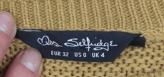 Miss Selfridge Women Mustard Knit Jumper UK 4 Acrylic Crew Neck Long Sleeve