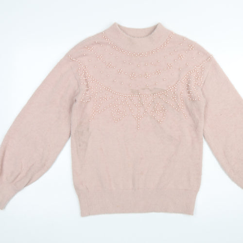 Next Women's Pink Beaded Mock Neck Long Sleeve Pullover Jumper Size S