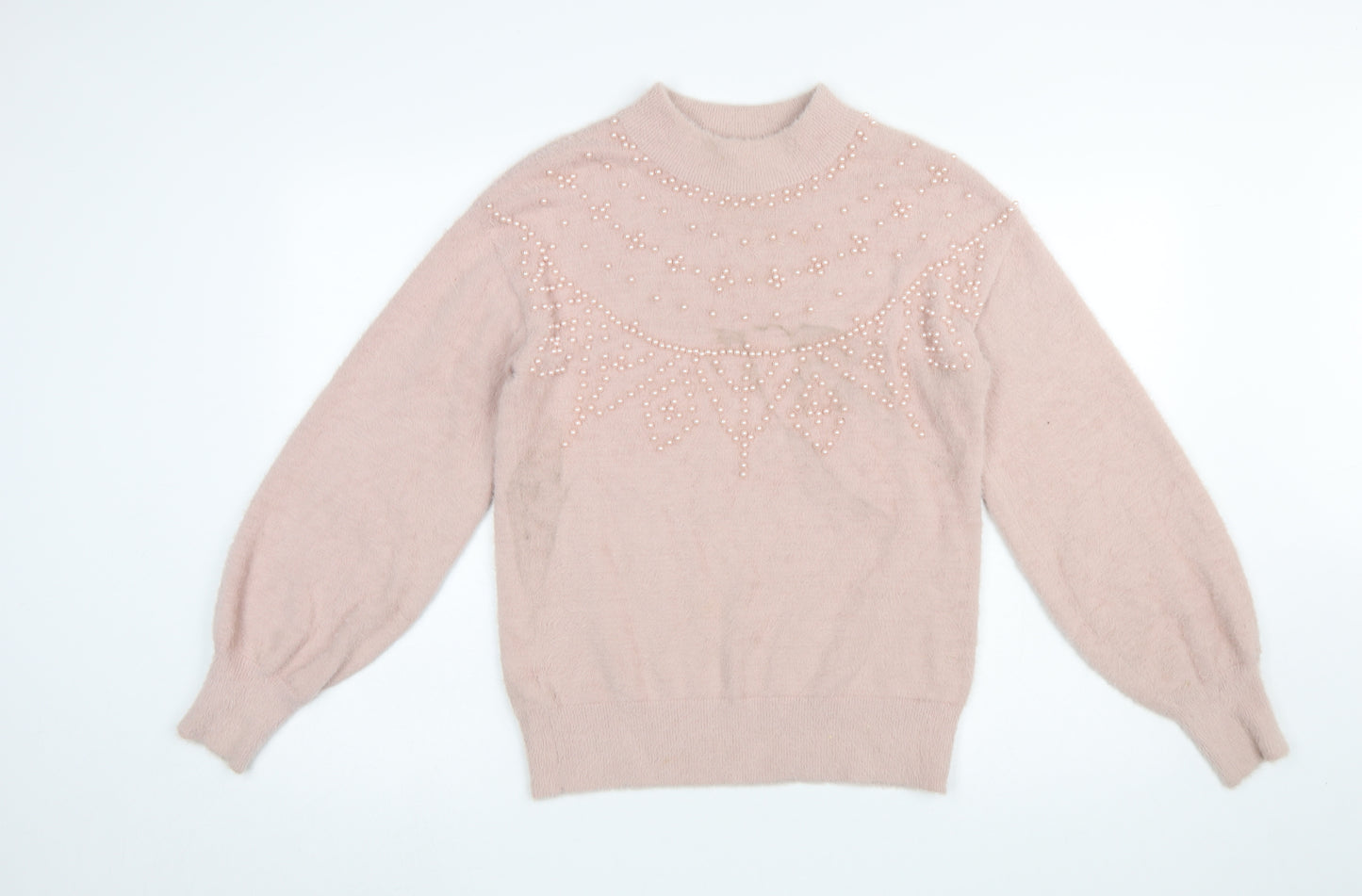 Next Women's Pink Beaded Mock Neck Long Sleeve Pullover Jumper Size S