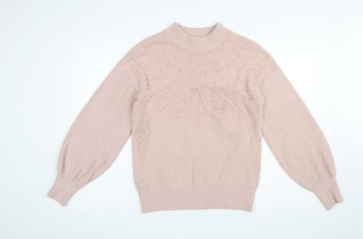 Next Women's Pink Beaded Mock Neck Long Sleeve Pullover Jumper Size S