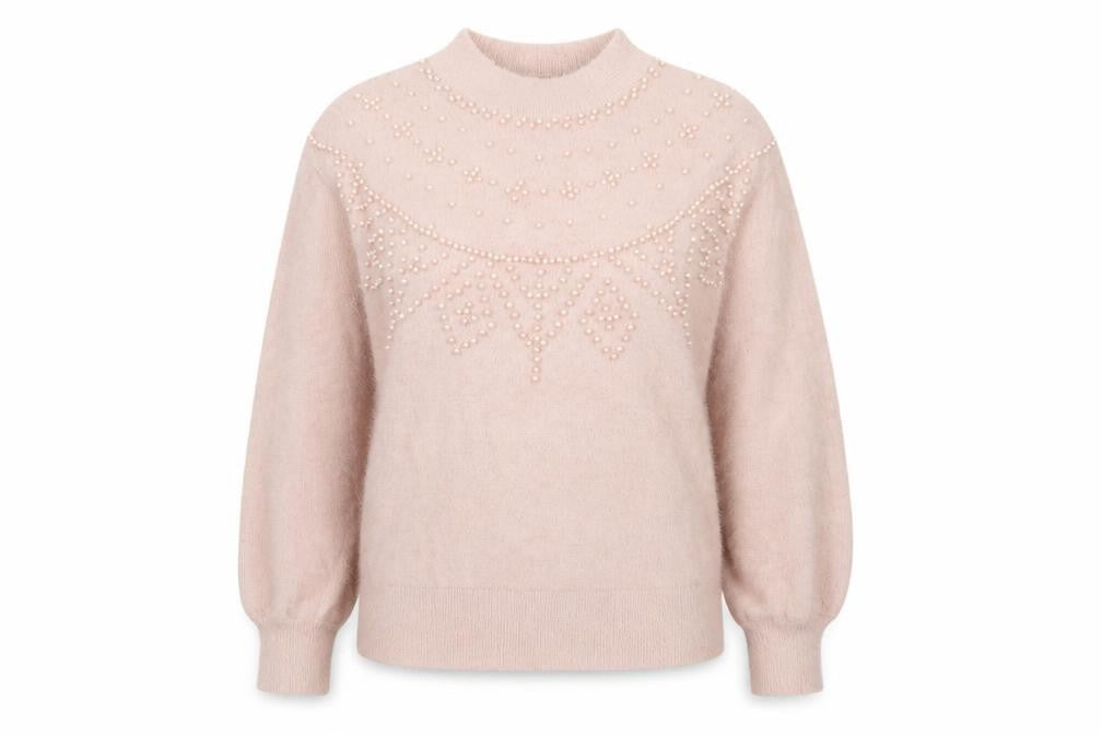 Front view of Next Women's Pink Beaded Mock Neck Long Sleeve jumper, size S