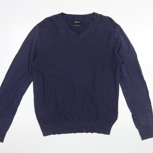 Replay Men's Blue Cotton V-Neck Jumper Size L