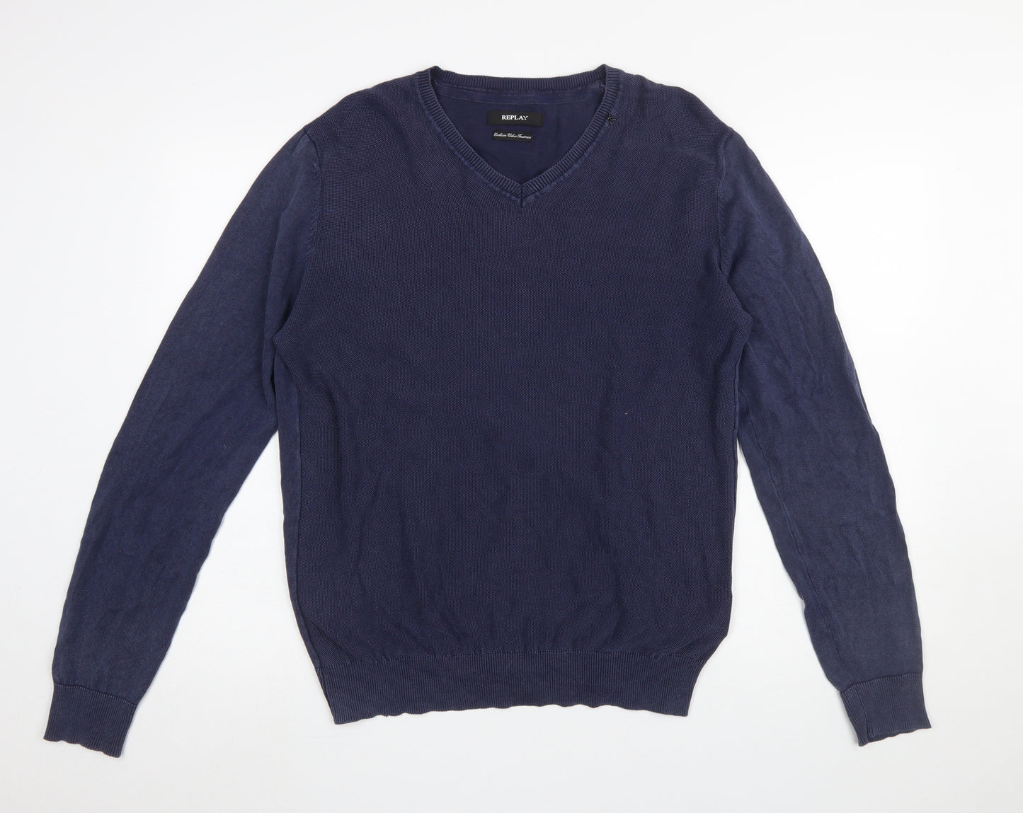 Replay Men's Blue Cotton V-Neck Jumper Size L