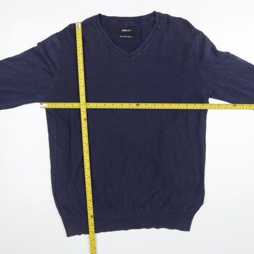 Replay Men's Blue Cotton V-Neck Jumper Size L