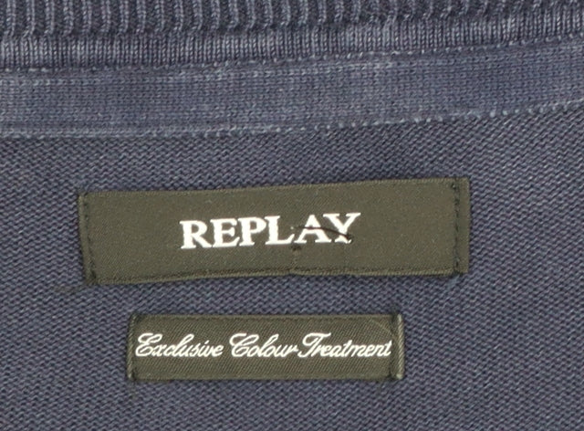Replay Men's Blue Cotton V-Neck Jumper Size L