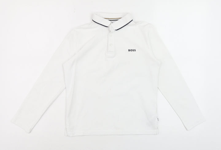 BOSS Boys White Long Sleeve Polo Shirt 10 Years Cotton Casual Top