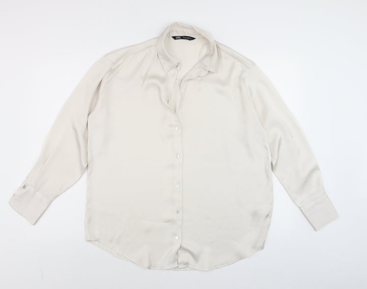 Zara Women Ivory Button-Up Long Sleeve Woven Blouse Size S