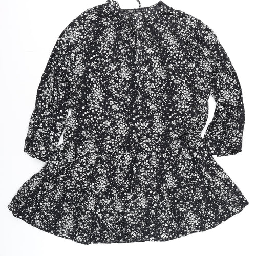 Zara Women Black Floral Tunic Blouse Size 12 with 3/4 Sleeves