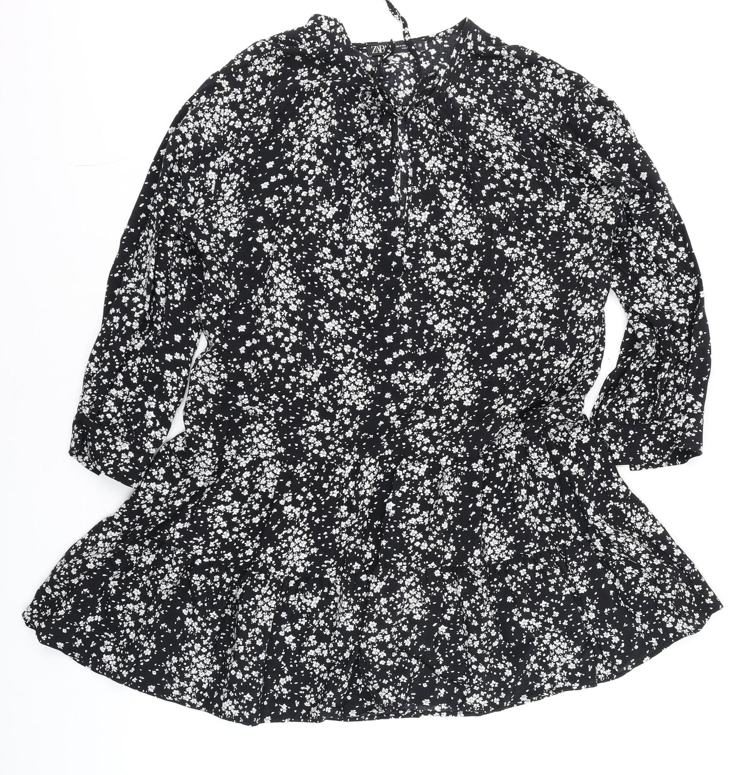 Zara Women Black Floral Tunic Blouse Size 12 with 3/4 Sleeves