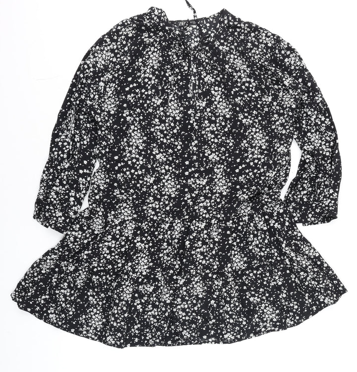Zara Women Black Floral Tunic Blouse Size 12 with 3/4 Sleeves