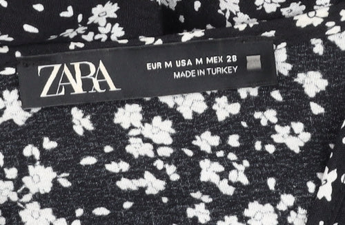 Zara Women Black Floral Tunic Blouse Size 12 with 3/4 Sleeves