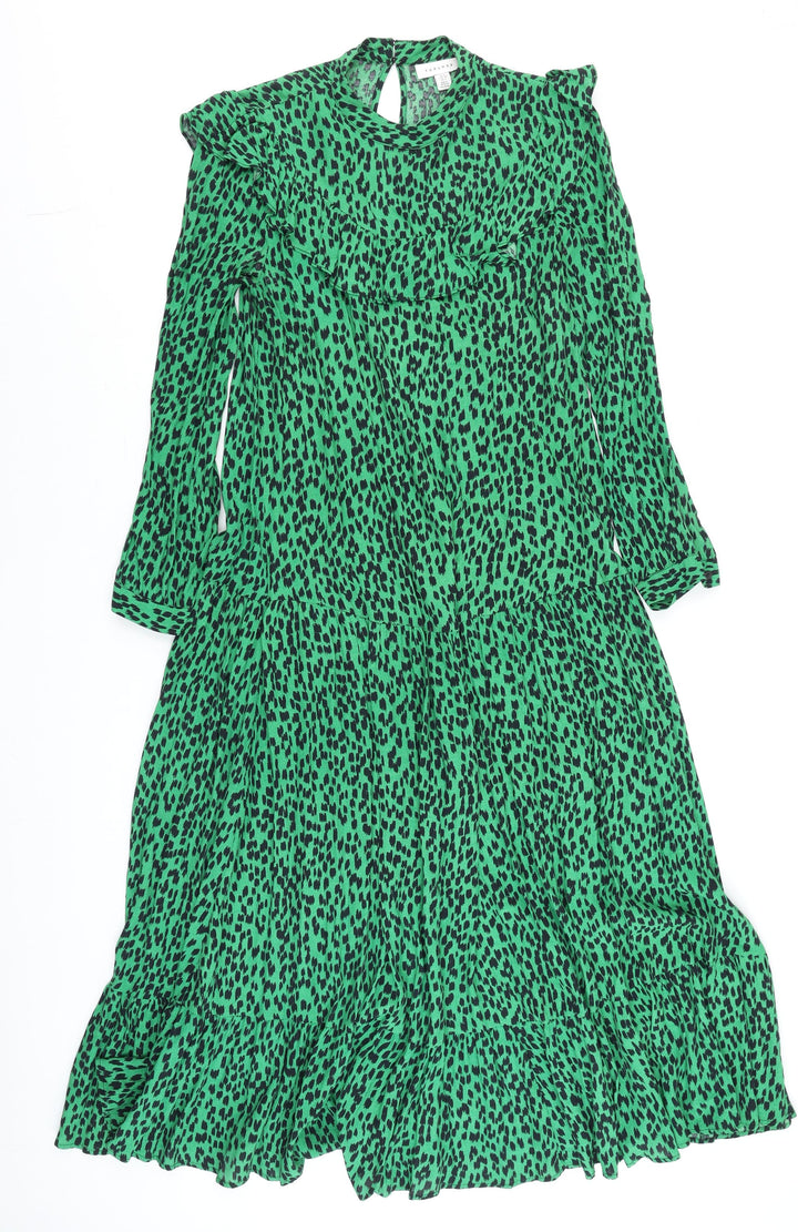 Topshop Women Green Animal Print Midi A-Line Dress Size 6