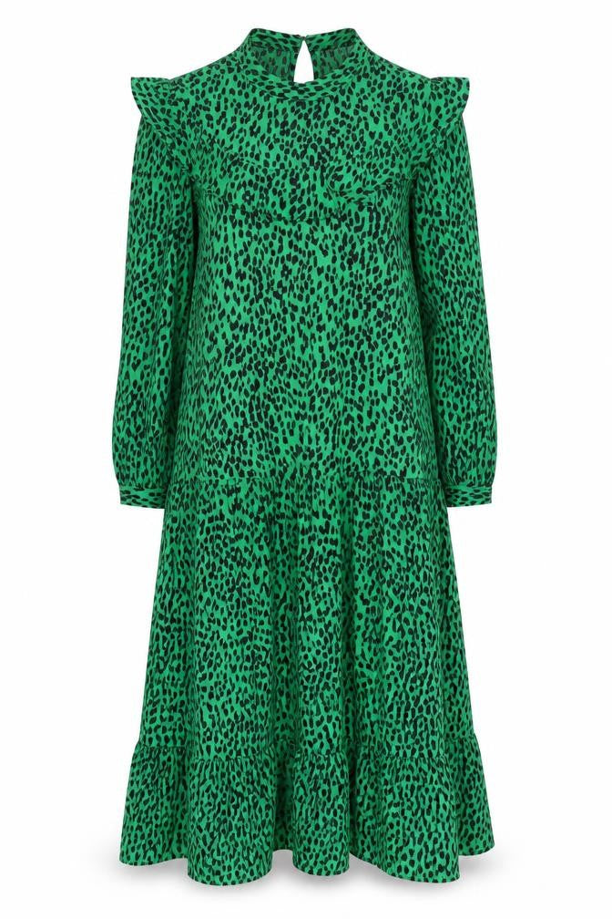 Topshop Women Green Animal Print Midi A-Line Dress Size 6