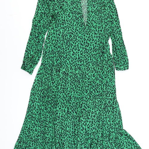 Topshop Women Green Animal Print Midi A-Line Dress Size 6