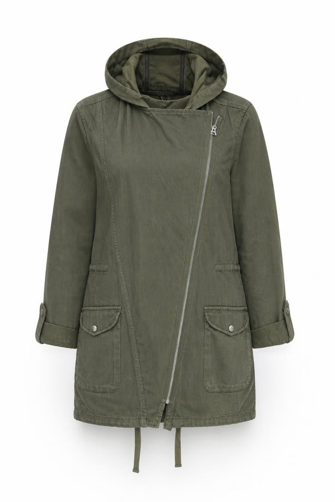 Front view of Topshop women’s green cotton hooded parka jacket, size UK 8
