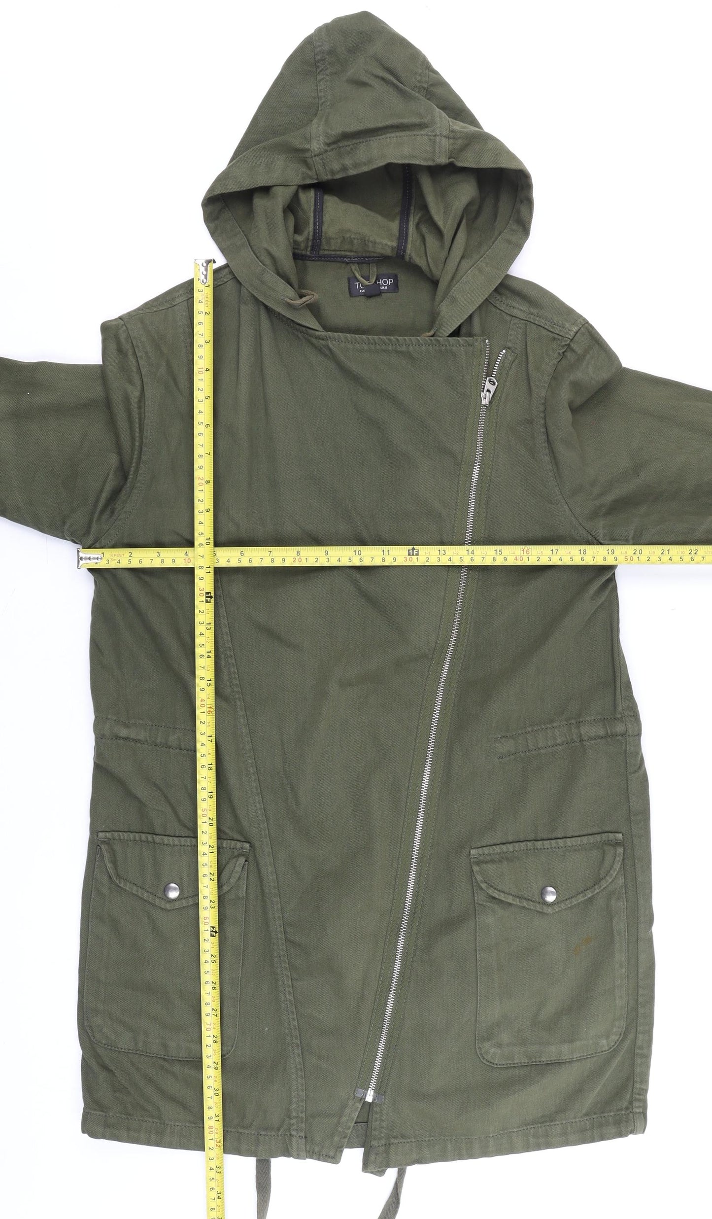 Topshop Womens Green Cotton Hooded Parka Jacket Size 8