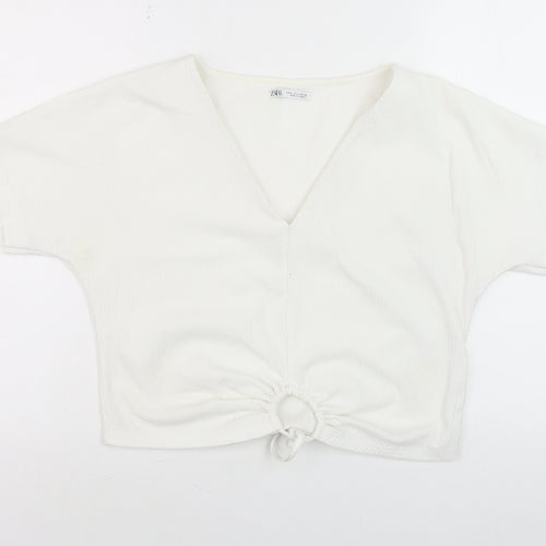 Zara Women’s White Cropped V-Neck Tie Front Shirt Size 8