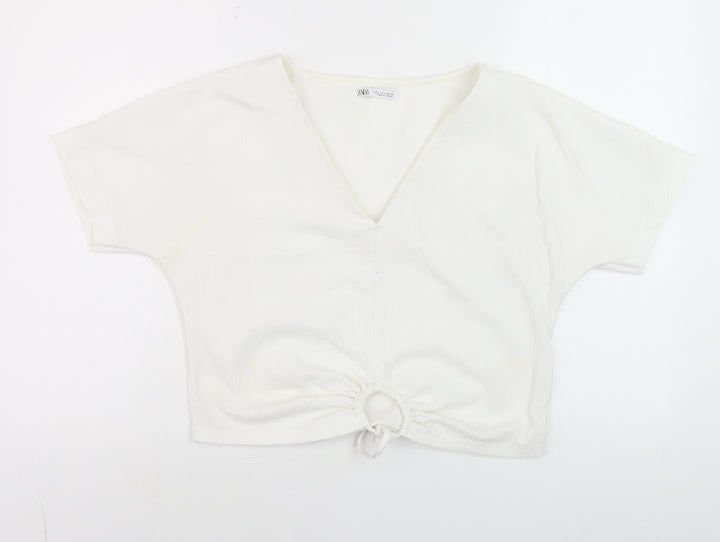 Zara Women’s White Cropped V-Neck Tie Front Shirt Size 8