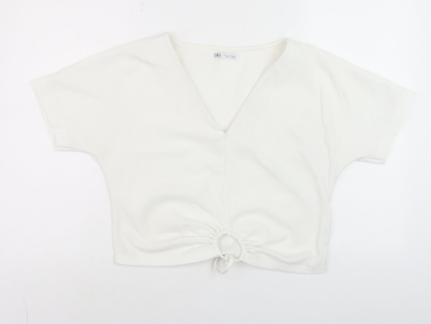 Zara Women’s White Cropped V-Neck Tie Front Shirt Size 8