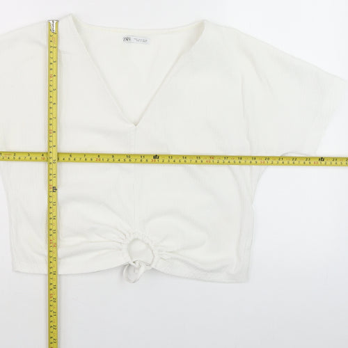 Zara Women’s White Cropped V-Neck Tie Front Shirt Size 8