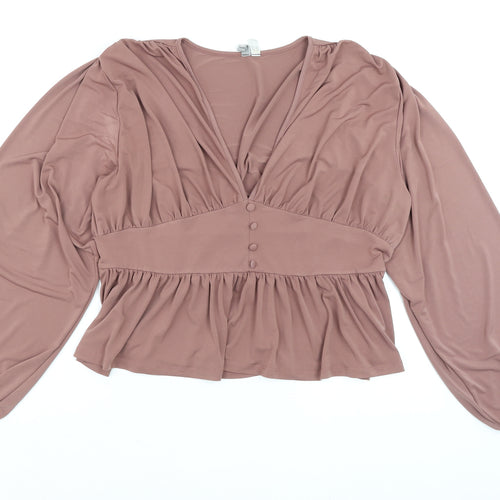 ASOS Women Brown Wrap Blouse Size 18 Long Sleeve Ruffle Button Detail