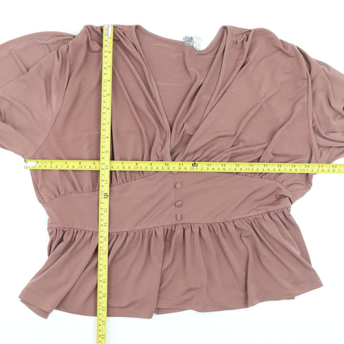 ASOS Women Brown Wrap Blouse Size 18 Long Sleeve Ruffle Button Detail