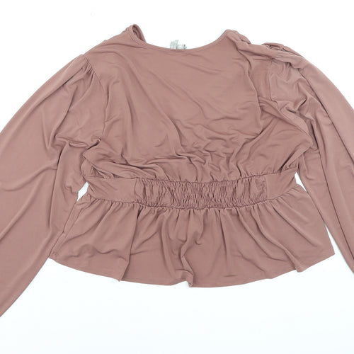 ASOS Women Brown Wrap Blouse Size 18 Long Sleeve Ruffle Button Detail