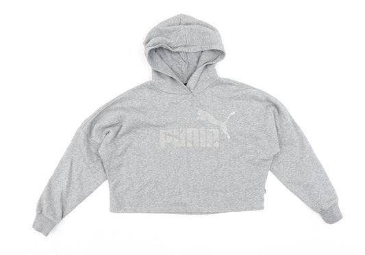 Puma Grey Cropped Hoodie Womens Teen Size 12 Relaxed Fit Fleece