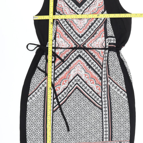 Oasis Women's Black Geometric Sheath Dress Size L Sleeveless Belted