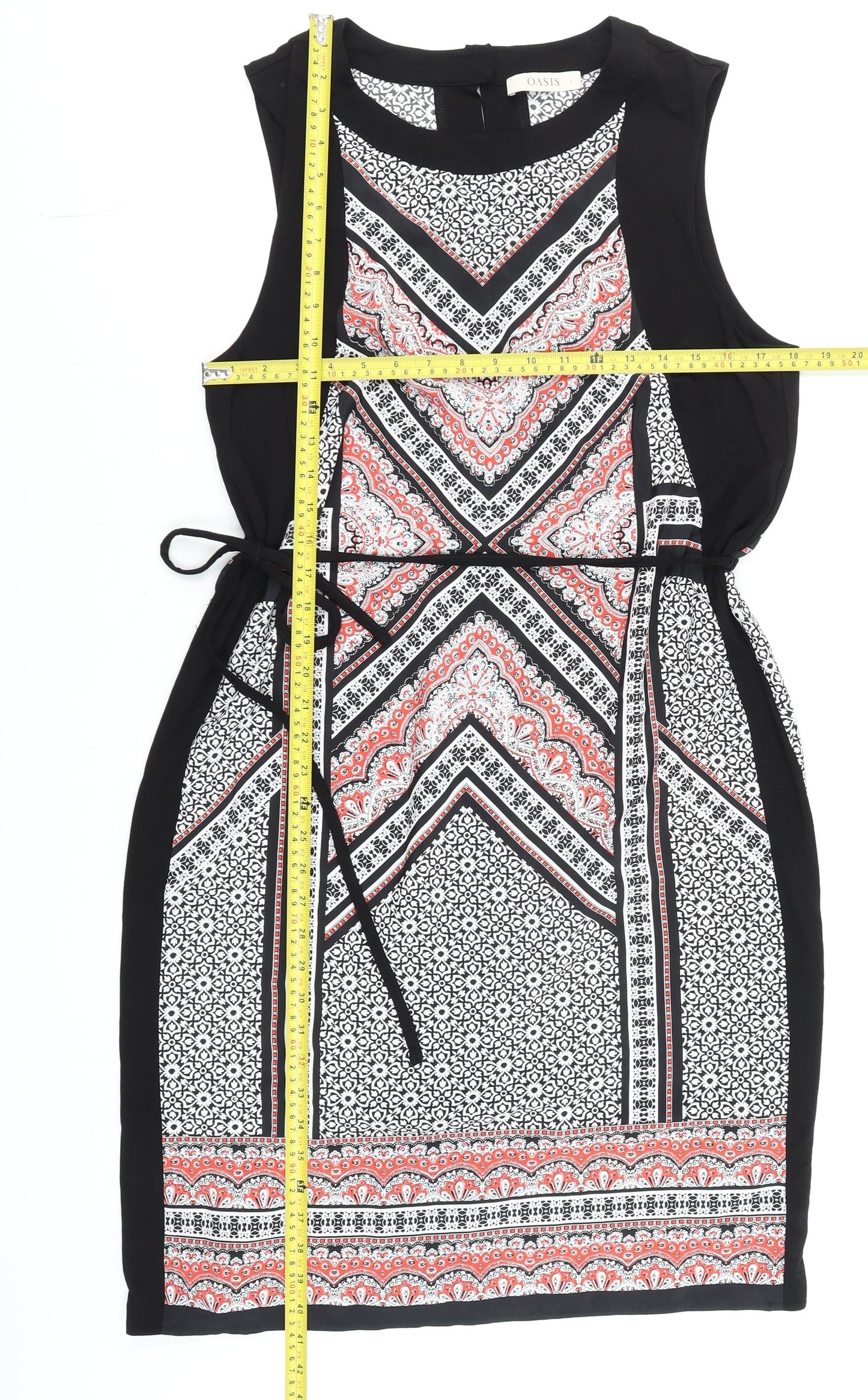 Oasis Women's Black Geometric Sheath Dress Size L Sleeveless Belted