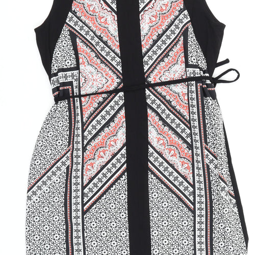 Oasis Women's Black Geometric Sheath Dress Size L Sleeveless Belted