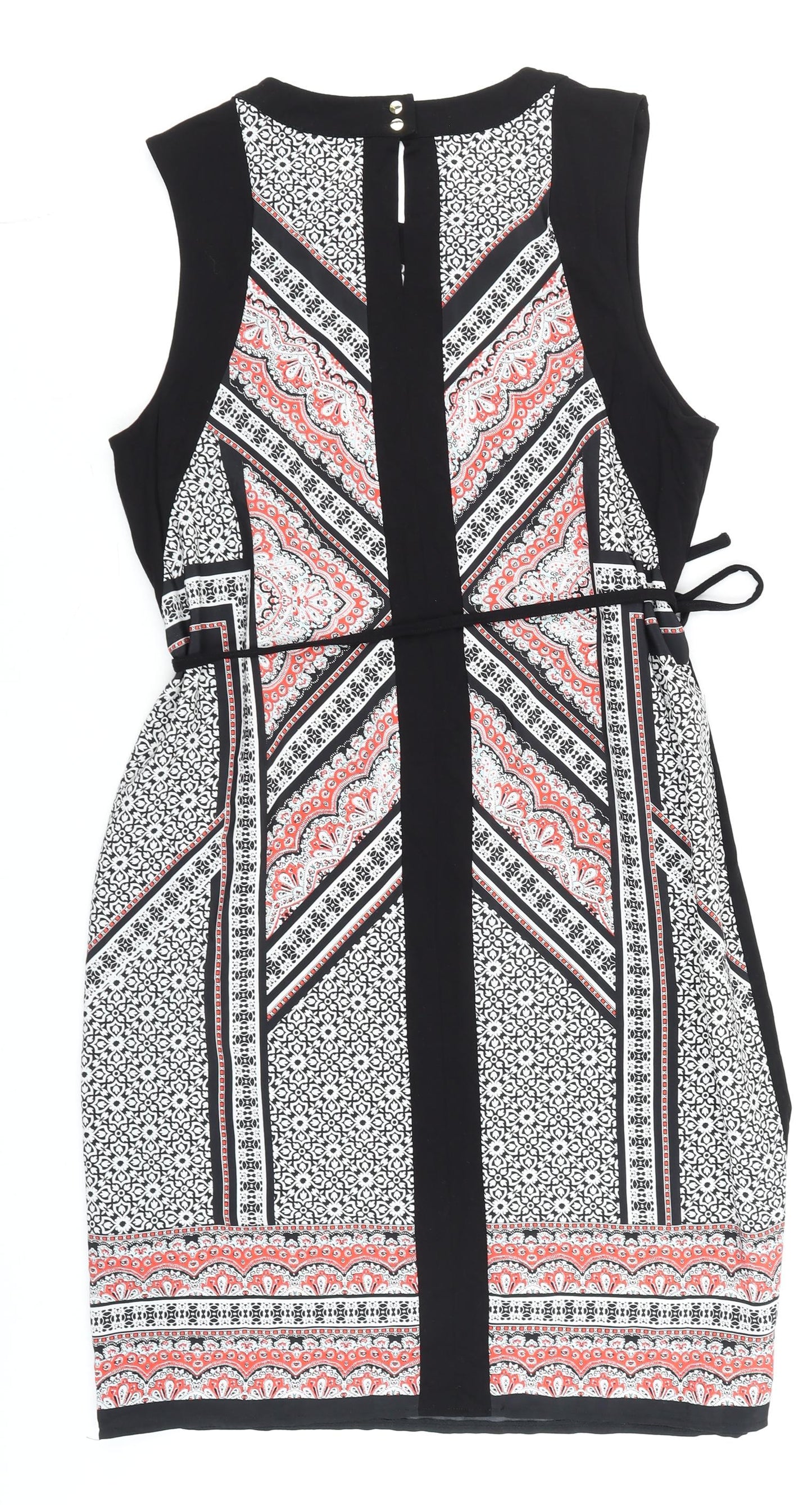 Oasis Women's Black Geometric Sheath Dress Size L Sleeveless Belted