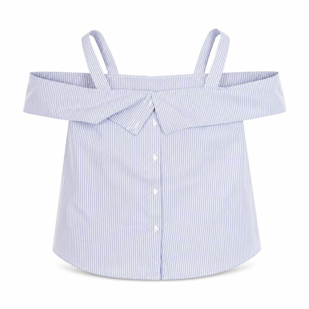 Front view of Warehouse Women Blue Striped Off Shoulder Cotton Blouse, size 16
