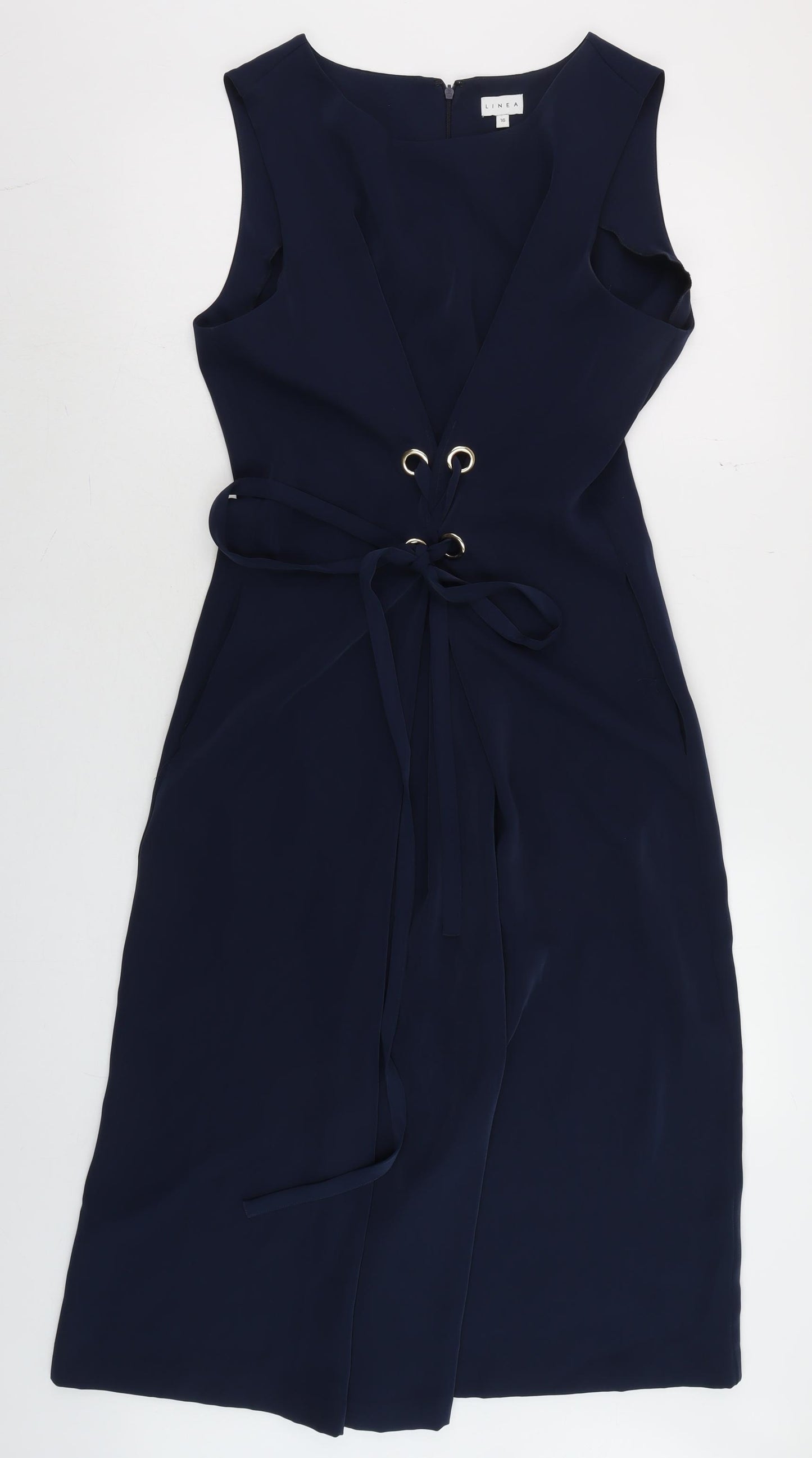 Linea Women Blue Size 16 Sleeveless Belted Wrap Dress