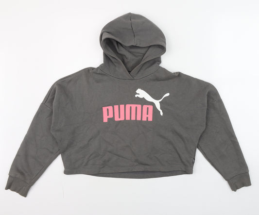 Puma Womens Grey Cropped Hoodie L Logo Pullover Activewear Top