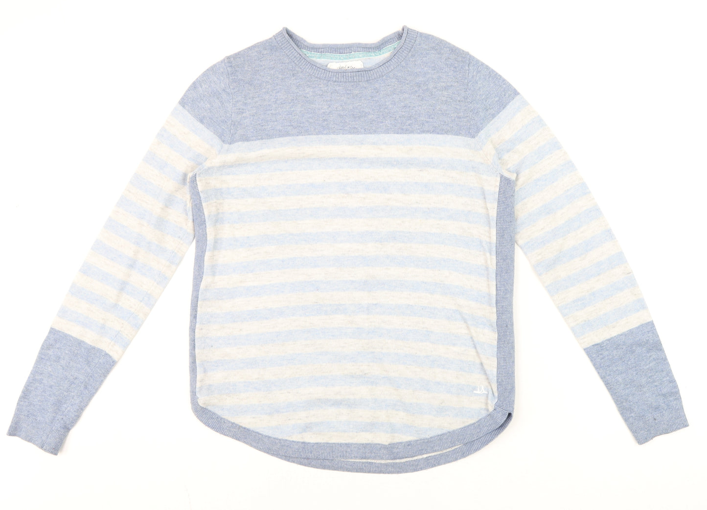Mantaray Women Blue Striped Crew Neck Cotton Linen Jumper Size 10