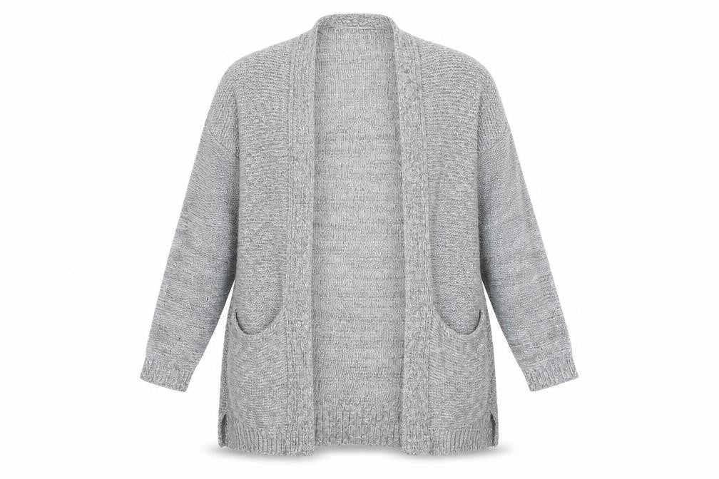 Front view of Mango Women’s Grey Knit Cardigan, size S, Open Front Pockets Casual