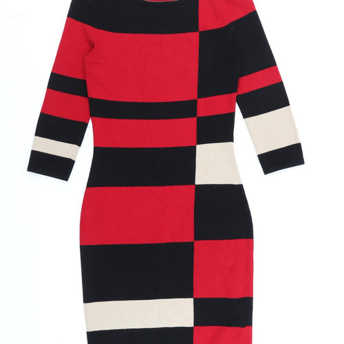 Phase Eight Women Red Black Beige Bodycon Knit Dress Size 8