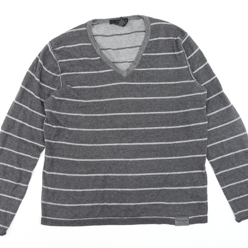 Calvin Klein Jeans Men's Grey Striped V-Neck Cotton Jumper Size M