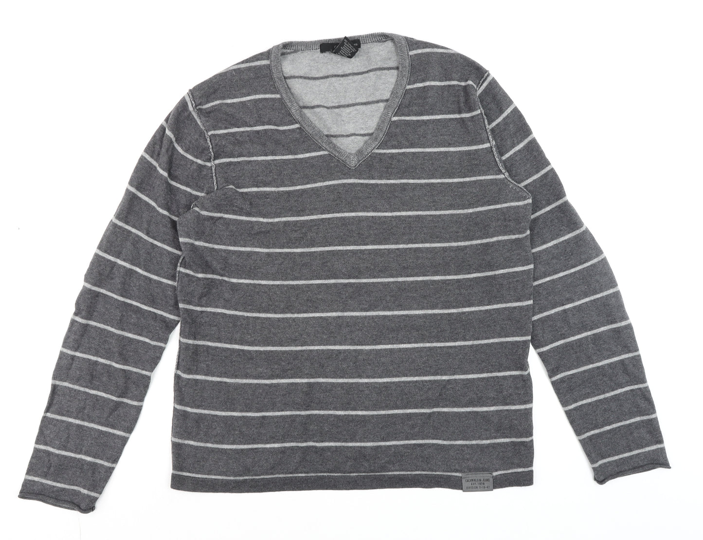 Calvin Klein Jeans Men's Grey Striped V-Neck Cotton Jumper Size M