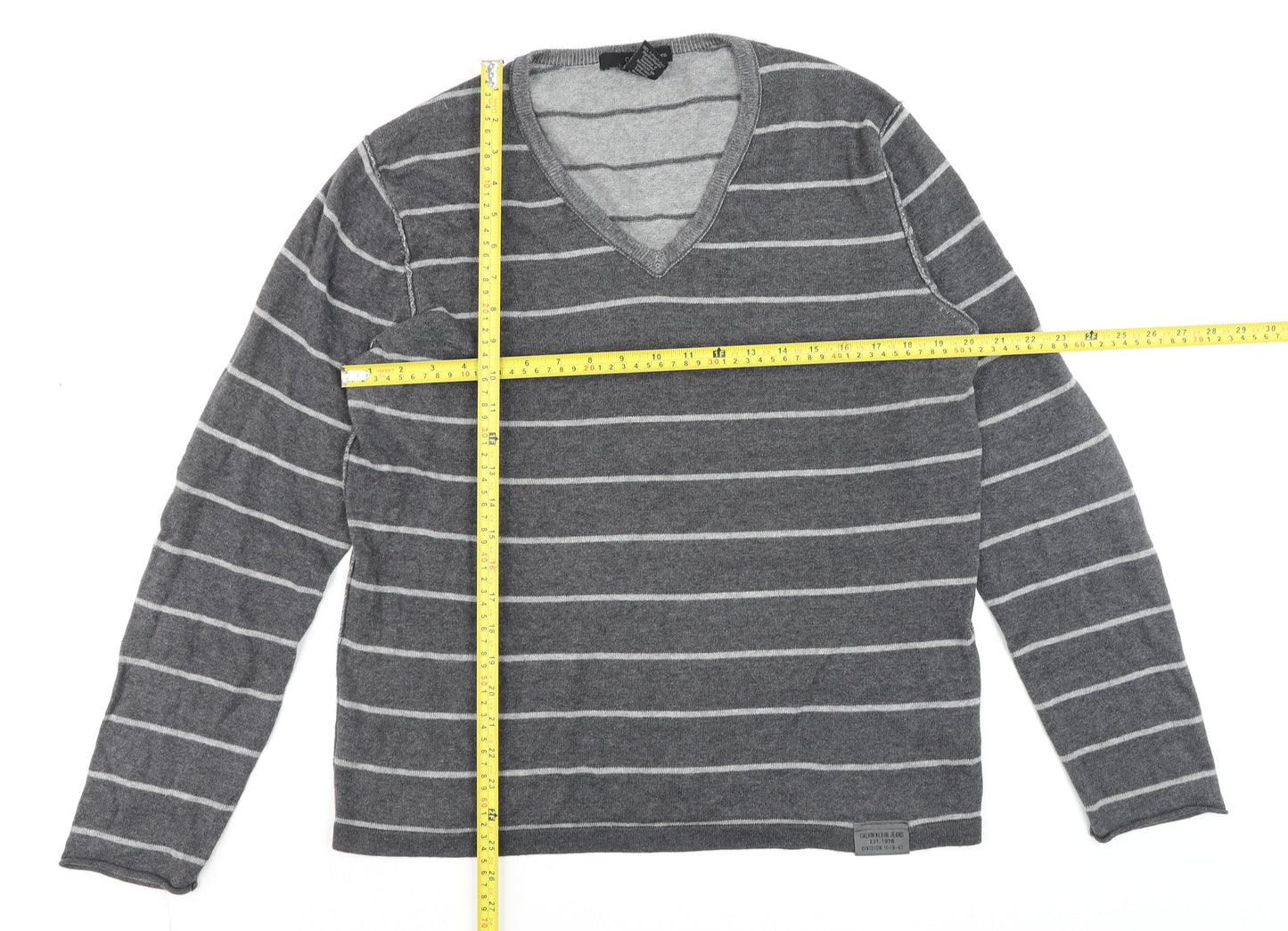 Calvin Klein Jeans Men's Grey Striped V-Neck Cotton Jumper Size M