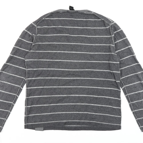 Calvin Klein Jeans Men's Grey Striped V-Neck Cotton Jumper Size M