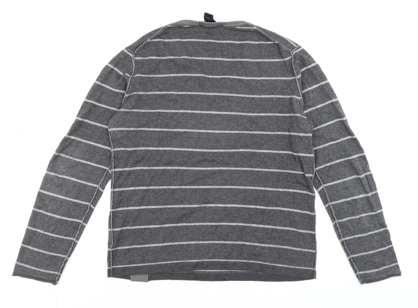 Calvin Klein Jeans Men's Grey Striped V-Neck Cotton Jumper Size M