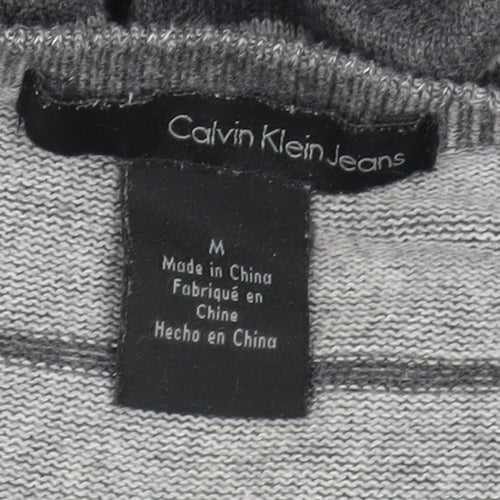 Calvin Klein Jeans Men's Grey Striped V-Neck Cotton Jumper Size M