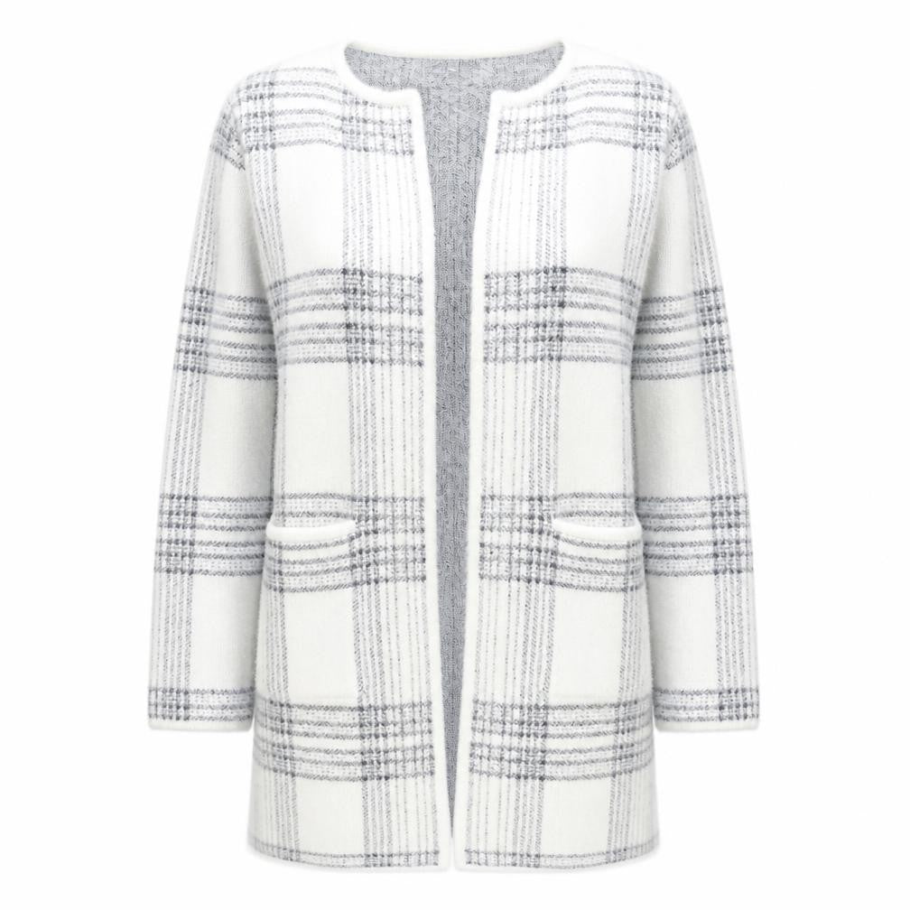 Front view of Pebble Bay Women White Check Knit Longline Cardigan M