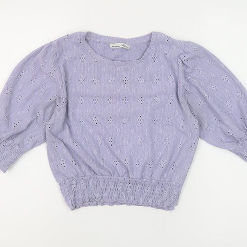 Pull & Bear Women Purple Cropped Blouse M Puff Sleeve Cotton